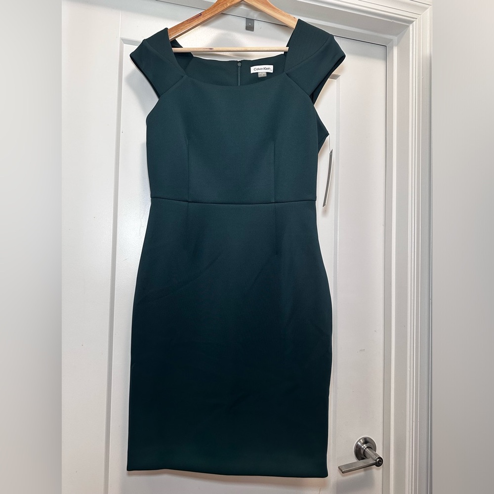 💚 NWT! Hunter Green CALVIN KLEIN Scuba Cap Sleeve Sheath Dress - Size 14